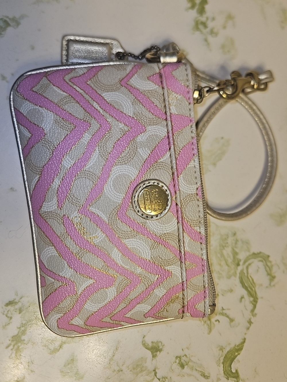 Coach Pink and Beige Chevron Signature Wristlet with Gold Accents